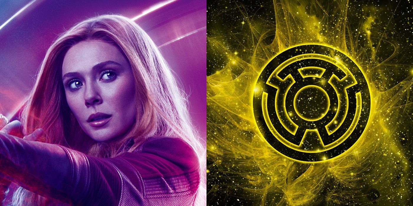 Imagem dividida da Feiticeira Escarlate do MCU e o logotipo da DC Sinestro Corps