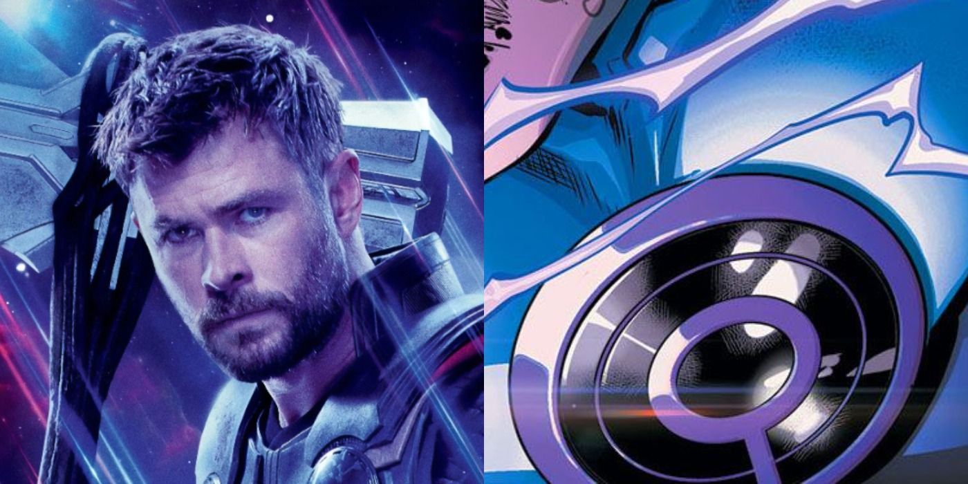 Imagem dividida de MCU Thor e o logotipo da lanterna ultravioleta da DC