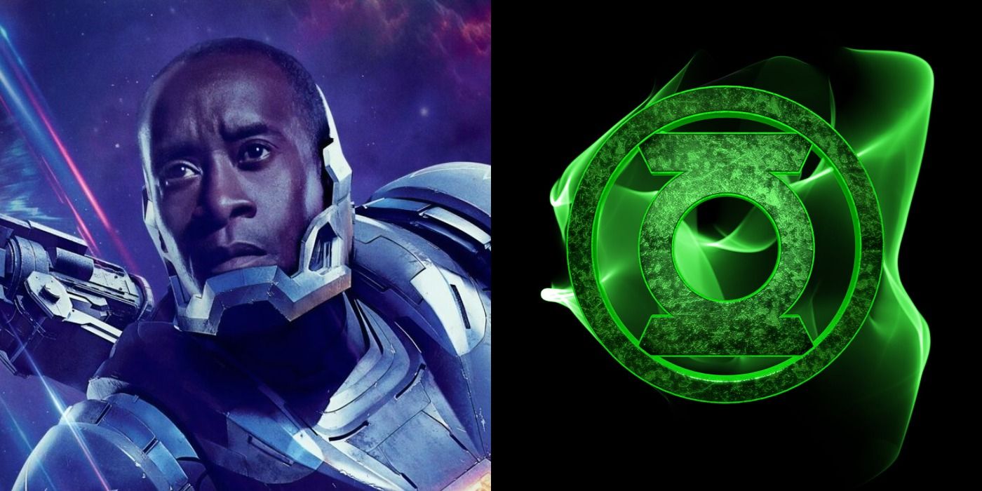 Imagem dividida da máquina de guerra do MCU e o logotipo do Lanterna Verde da DC