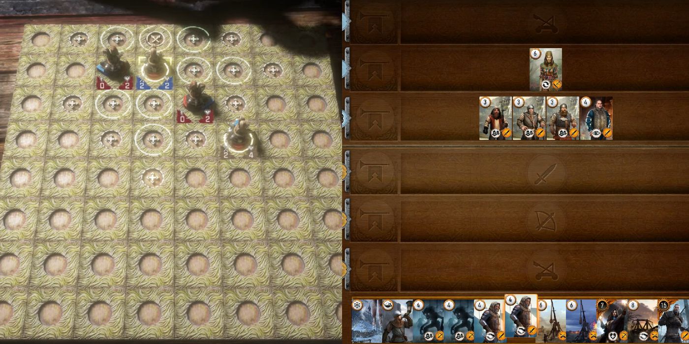 Machine Strike in Forbidden West and Gwent in The Witcher 3 screenshots.