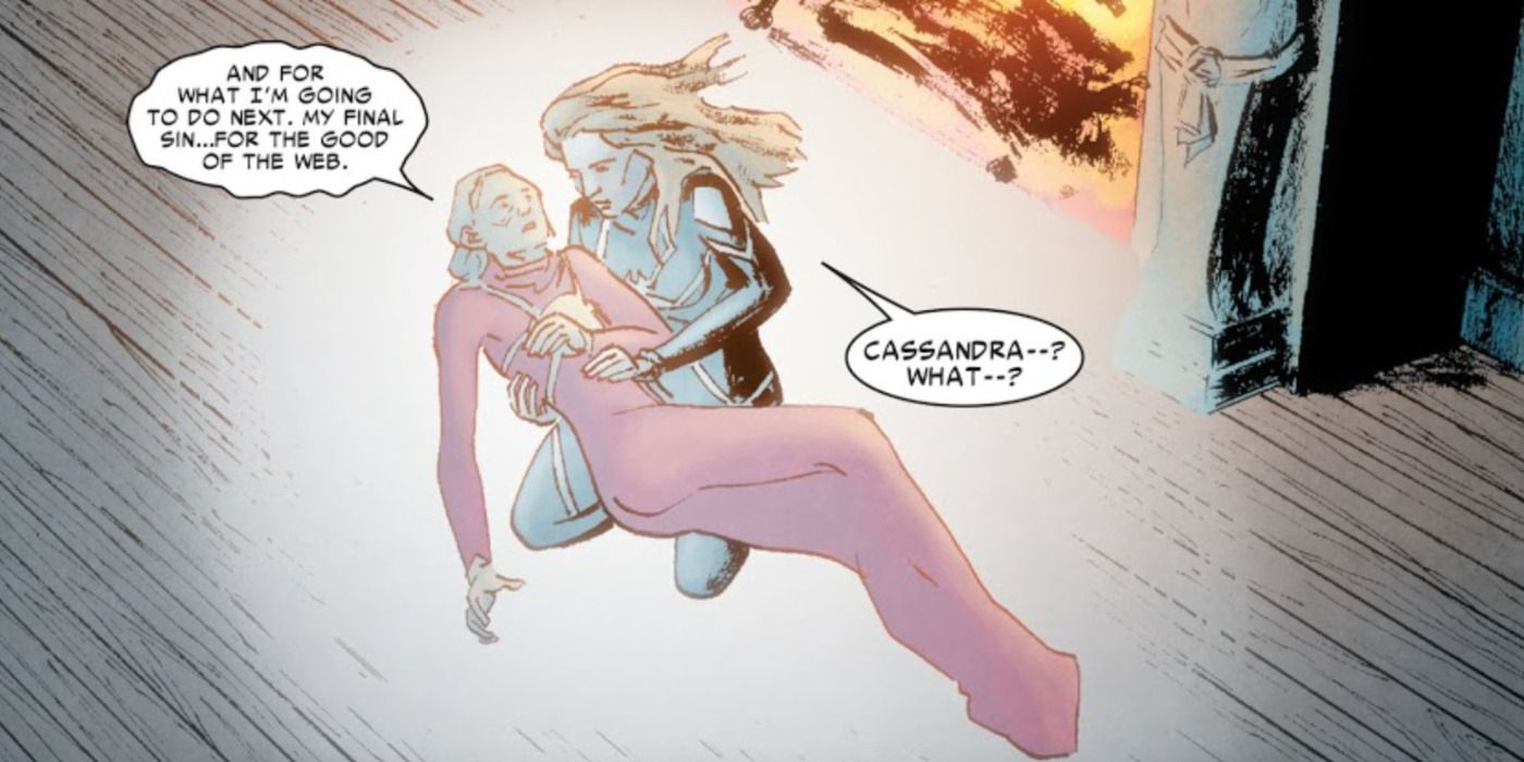 Madame Web passes her powers to Julia Carpenter in Marvel Comics.