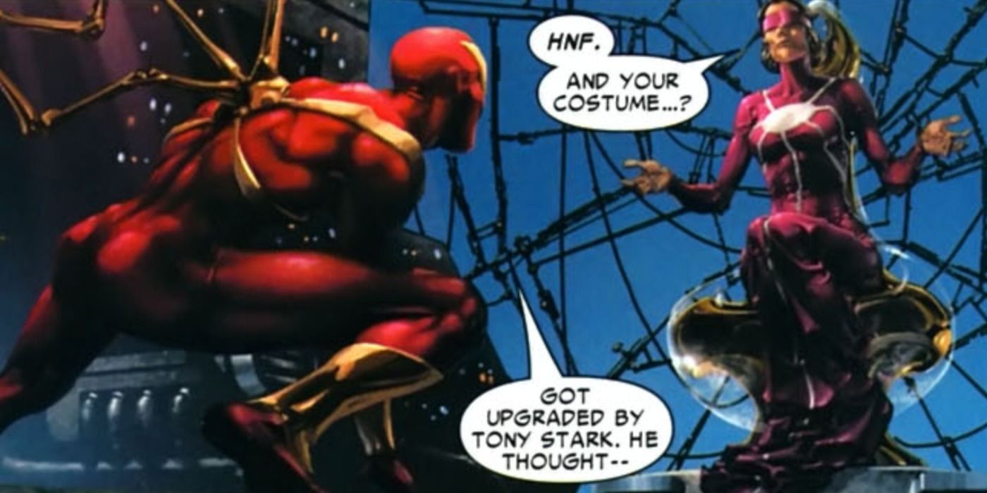Madame Web talks with Iron Spider in Marvel Comics.