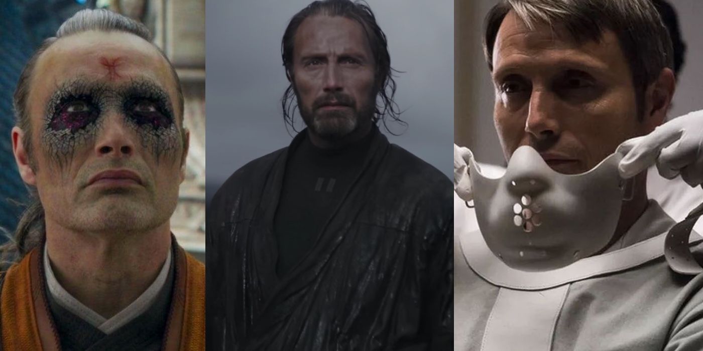 Side by side of Mads Mikkelsen in Doctor Strange, Rogue One, and Hannibal