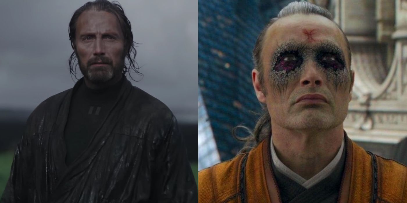 Side by side of Mads Mikkelsen as Galen Erso and Kaecilius