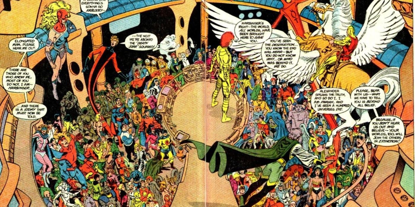 Many DC heroes unite in Crisis On Infinite Earths comic.