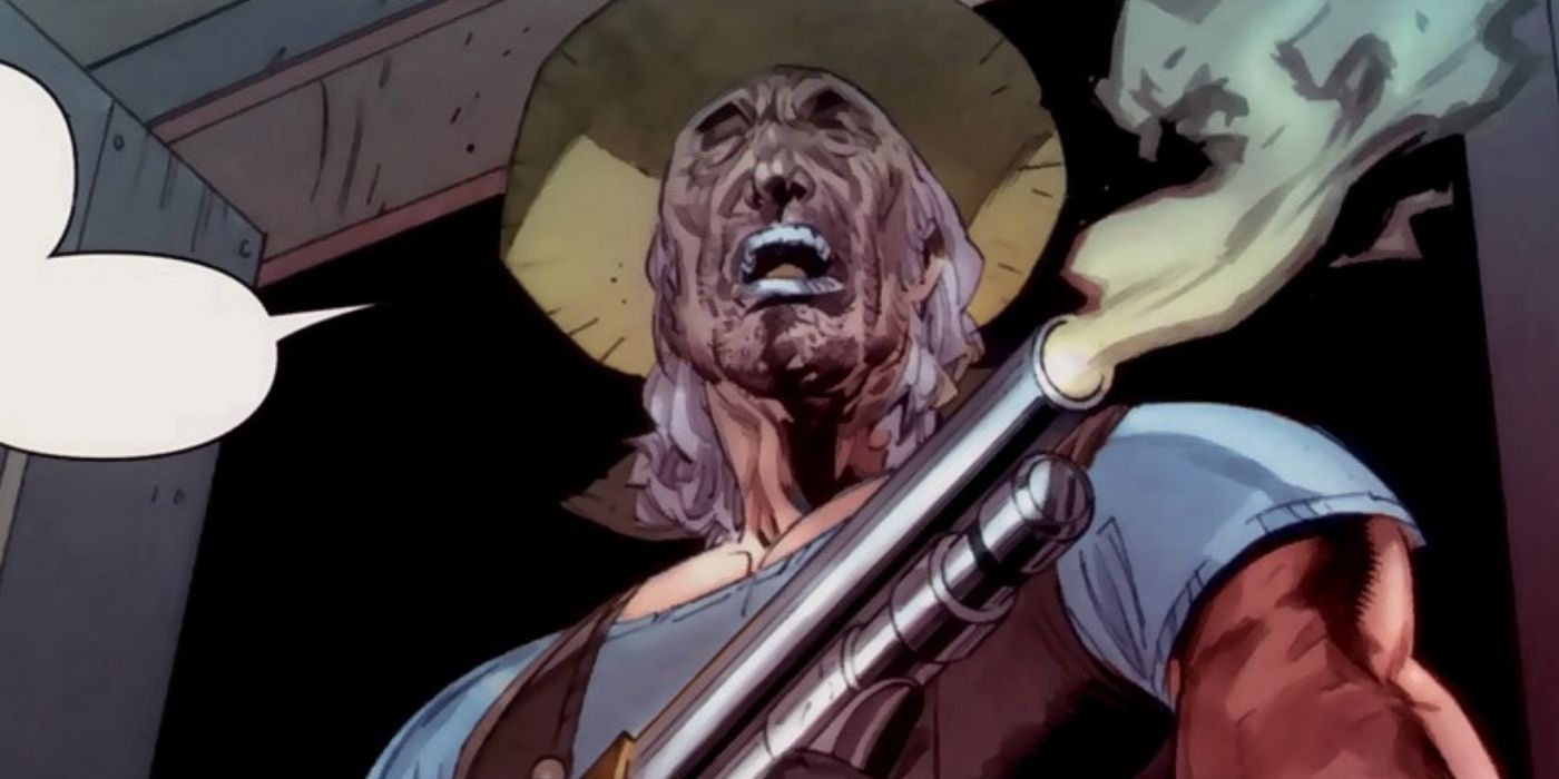 Caretaker after shooting a rifle in the comics