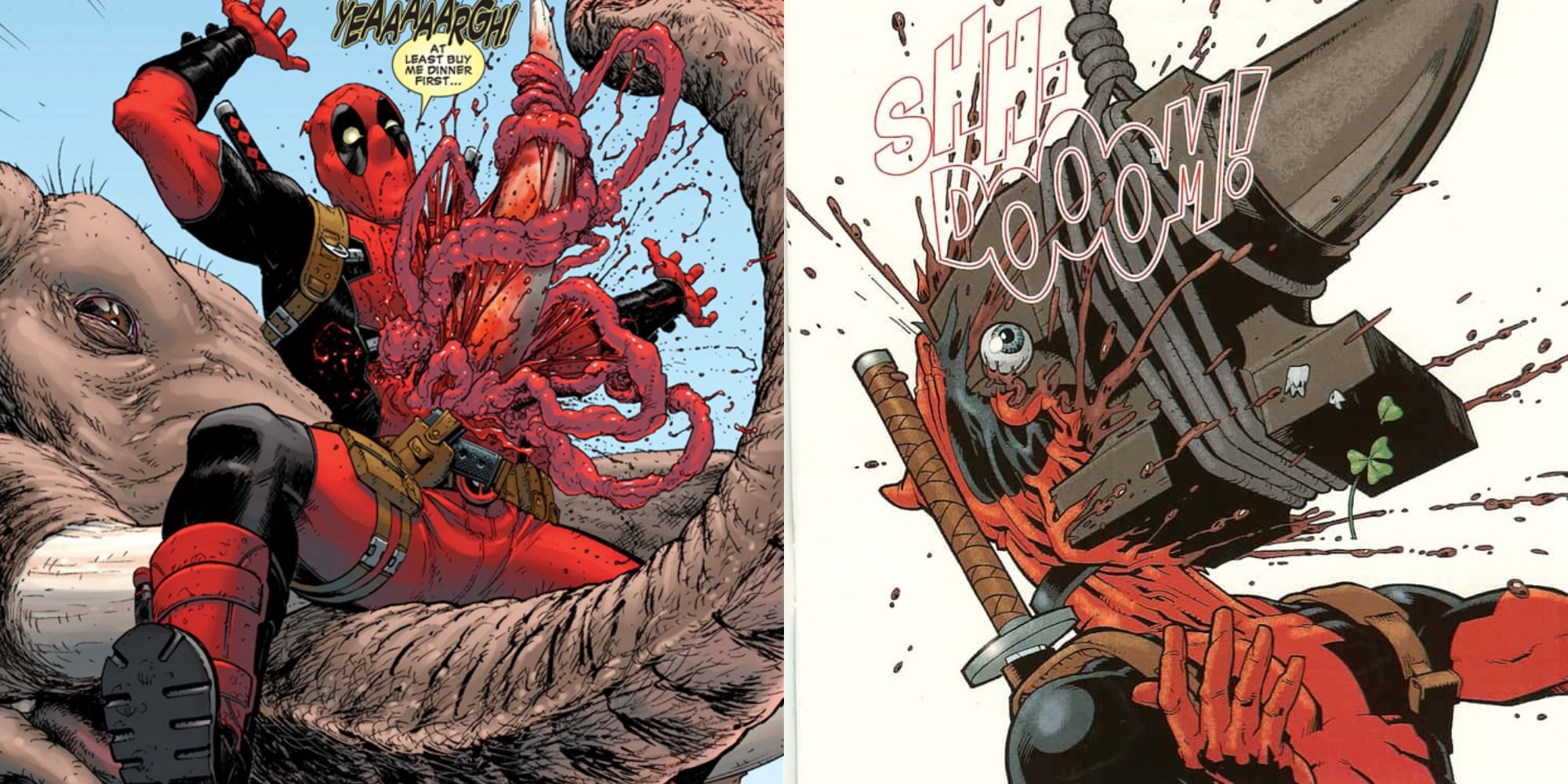 Split image showing Deadpool getting gored by an elephant and crushed by an anvil