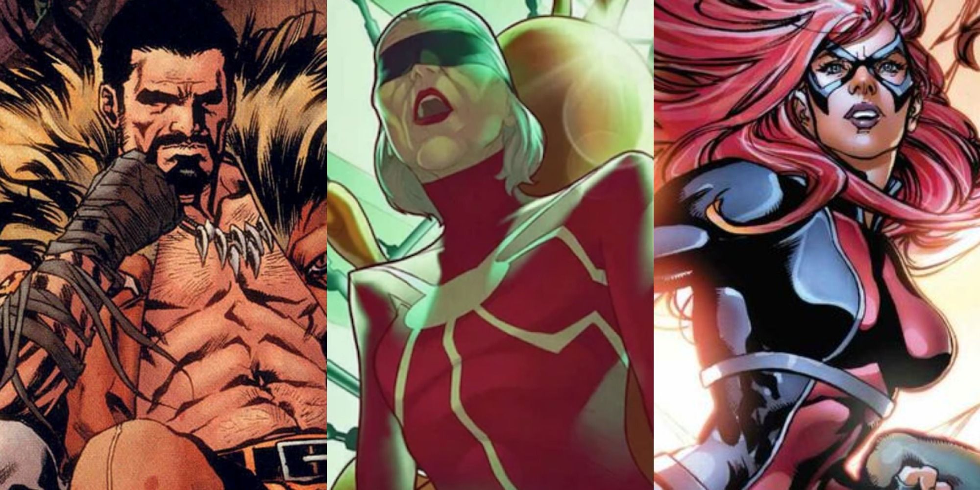 Split image showing Kraven the Hunter, Madame Web, and Jackpot in the comics