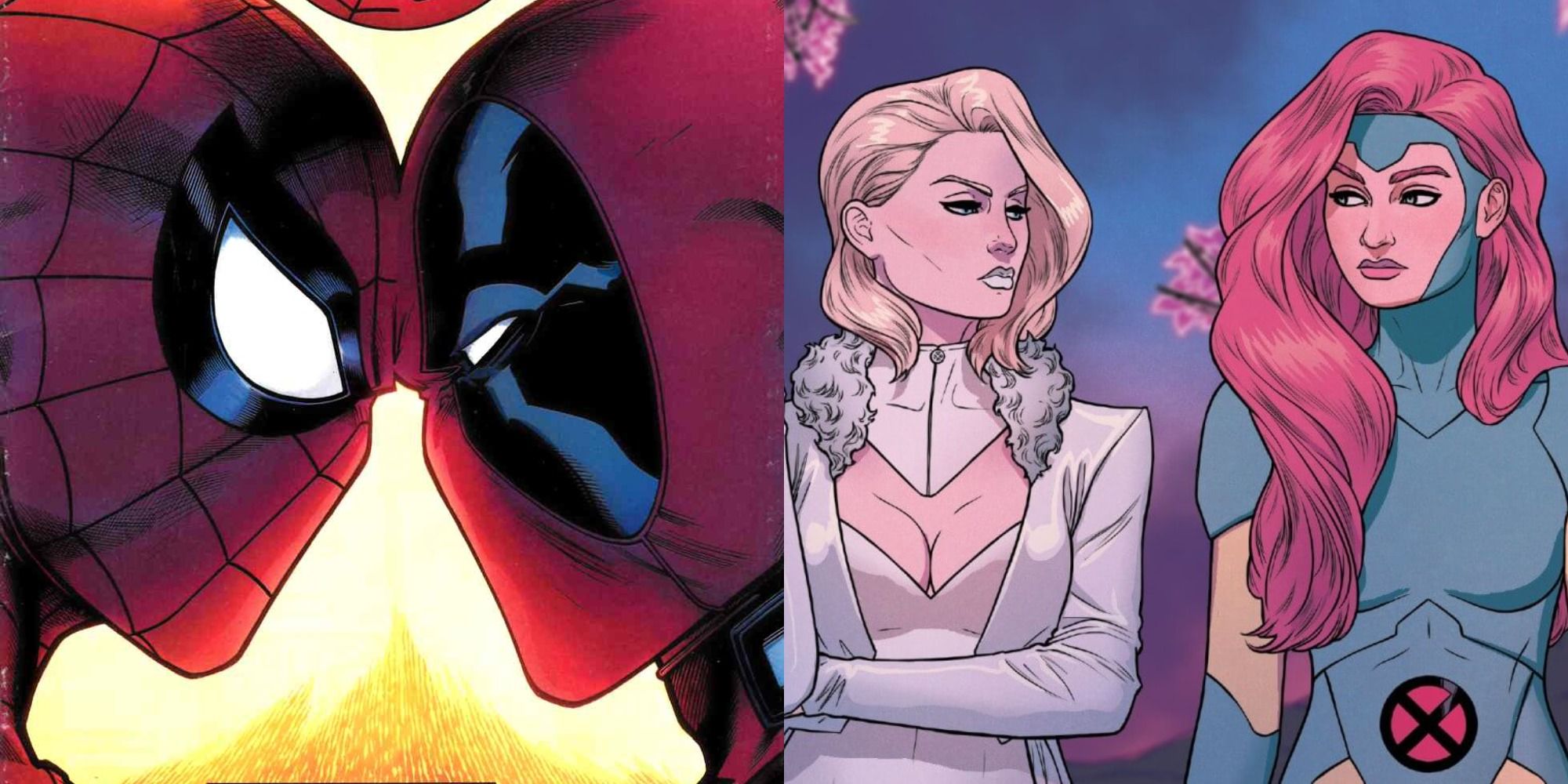 Split image showing Spider-Man and Deadpool and Emma Frost and Jean Grey