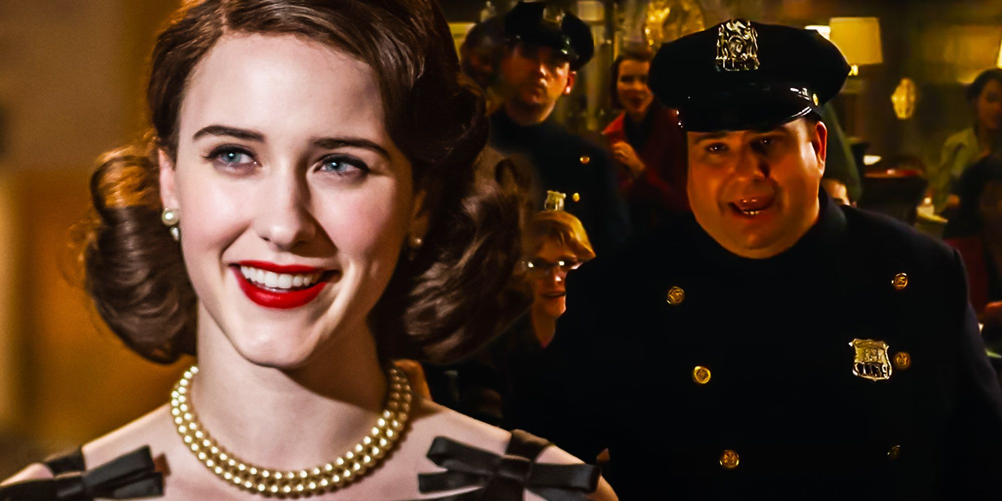 Blended image of Midge and the cops in The Marvelous Mrs. Maisel.