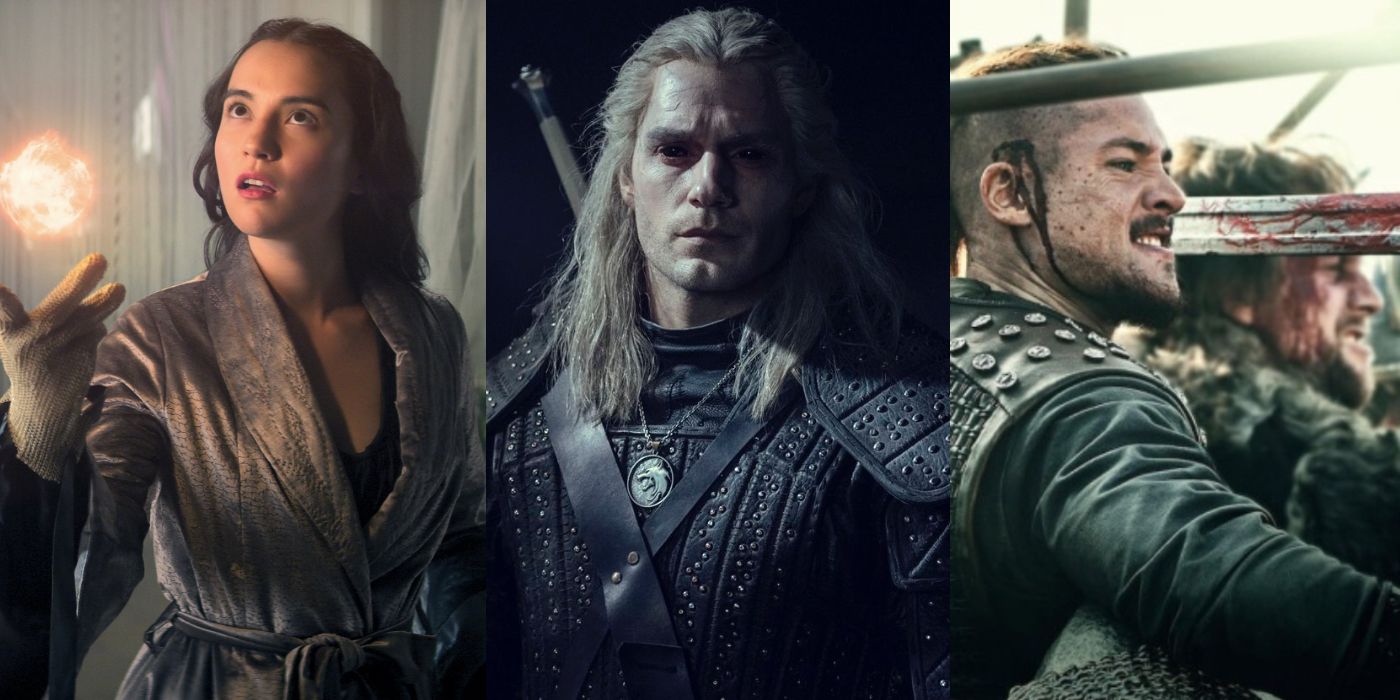 female with magic hovering over her hand from wheel of time, Geralt from the witcher staring outward, and The Last Kingdom battle scene with swords and soldiers