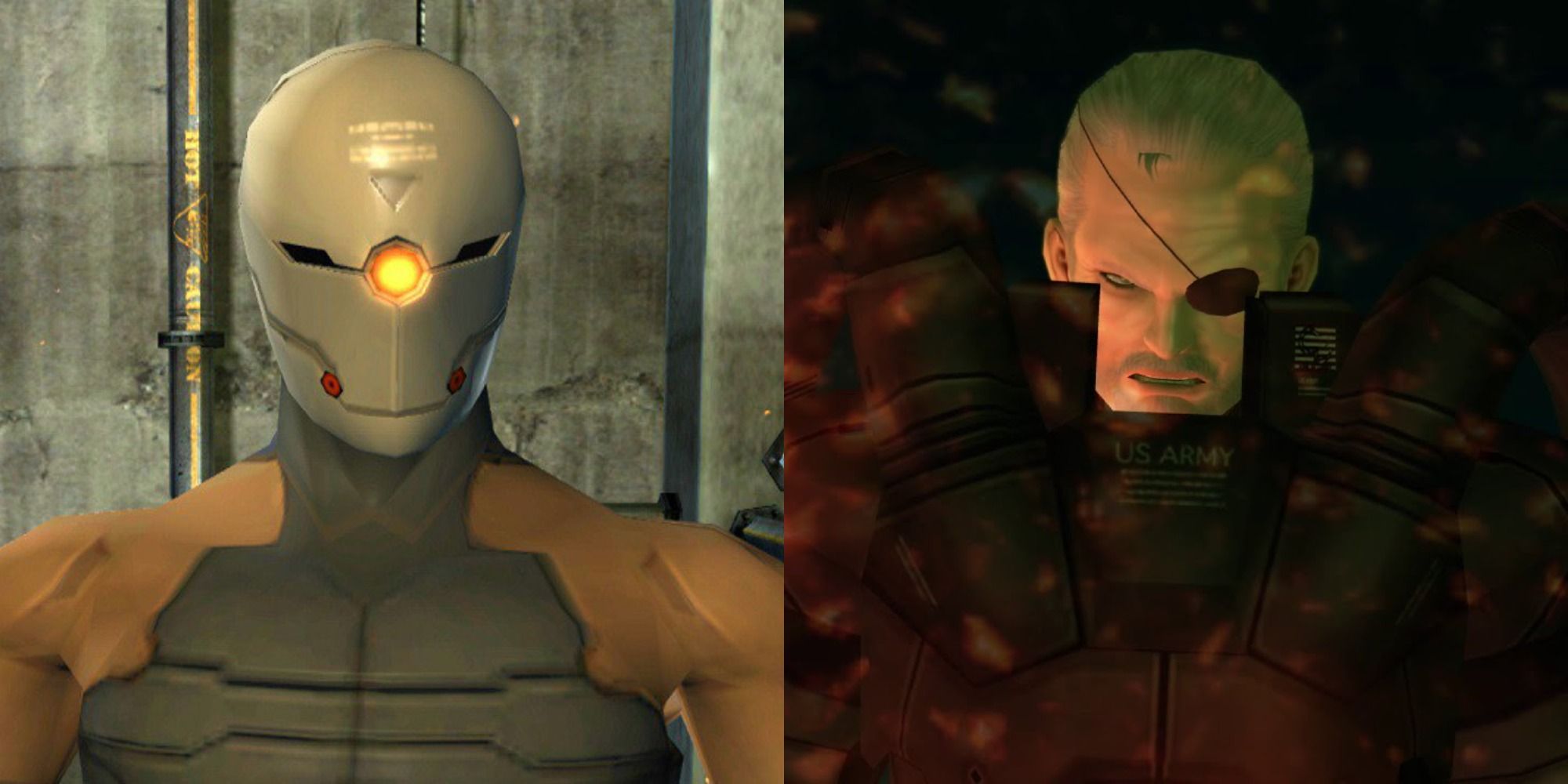 Split image showing Grey Fox and Solidus Snake in Metal Gear Solid