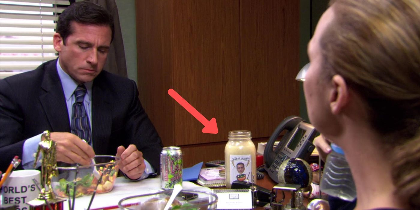 Michael eating lunch with Jan and his own salad dressing on The Office
