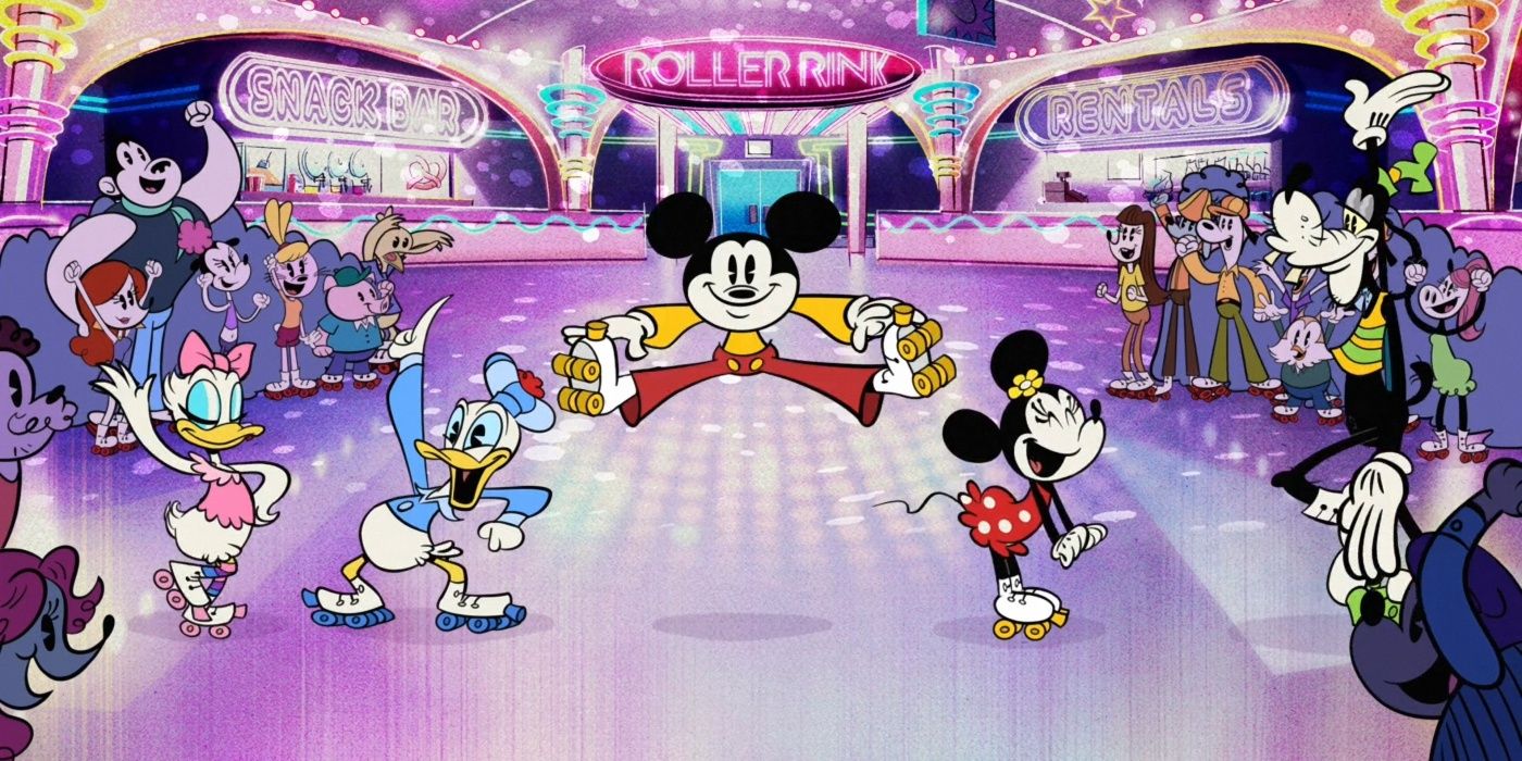 Mickey and the gang at a roller disco in The Wonderful World of Mickey Mouse