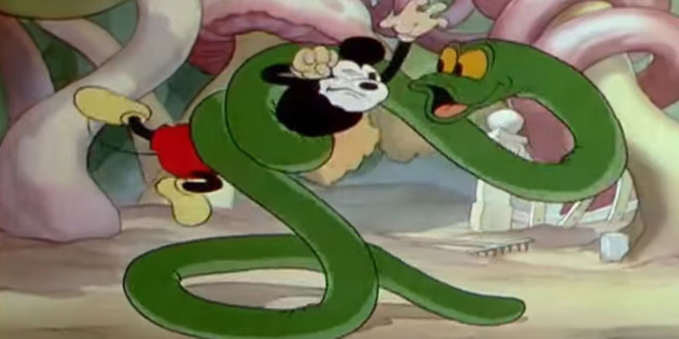 Mickey gets strangled by a snake in Mickey's Garden