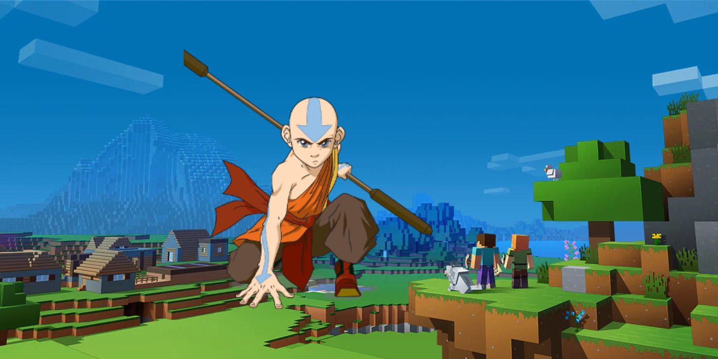 Aang de Avatar The Last Airbender em um banner promocional do Minecraft
