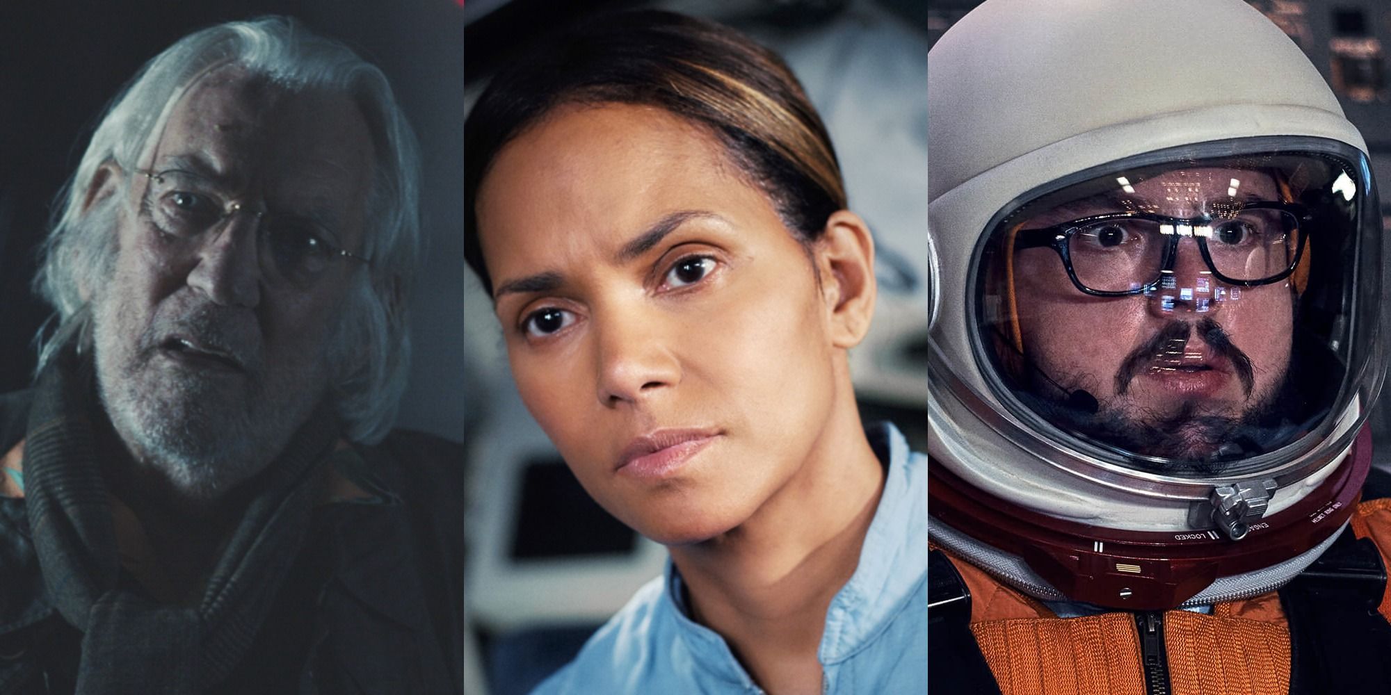 Split image of Donald Sutherland, Halle Berry and John Bradley in Moonfall