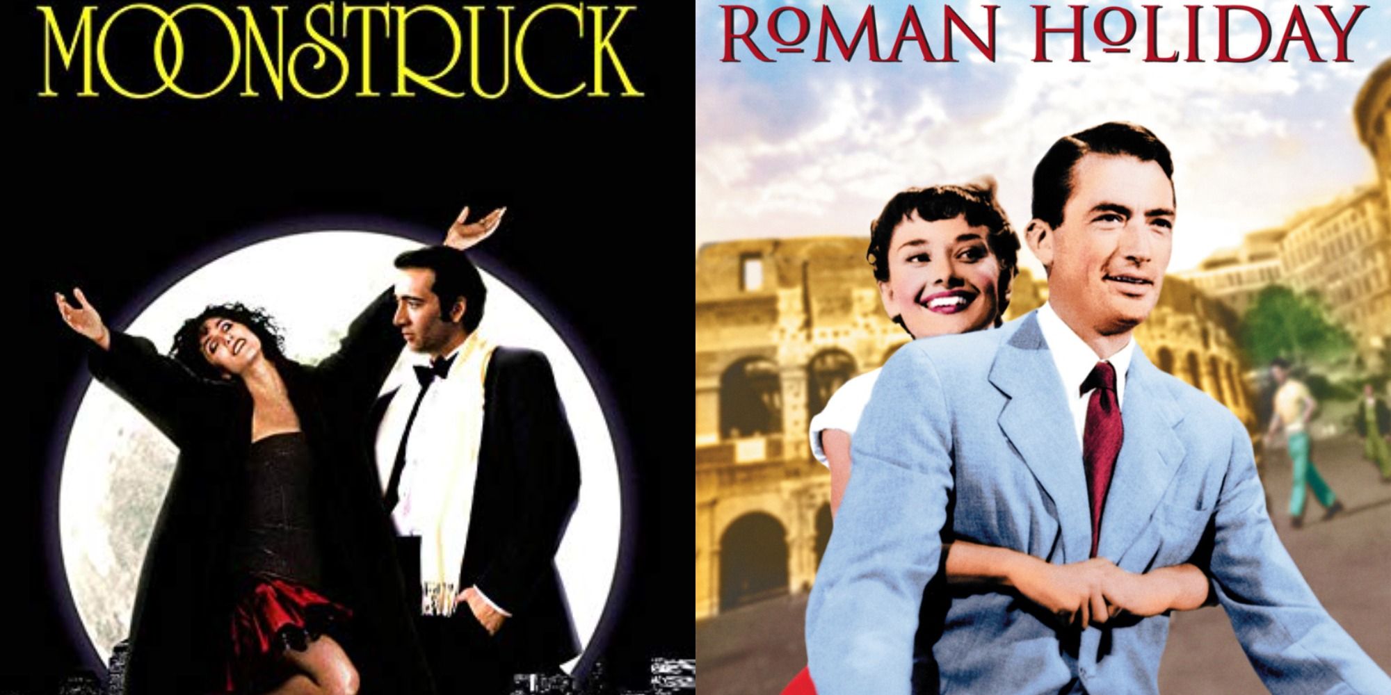 Split image showing the posters for Moonstruck and Roman Holiday