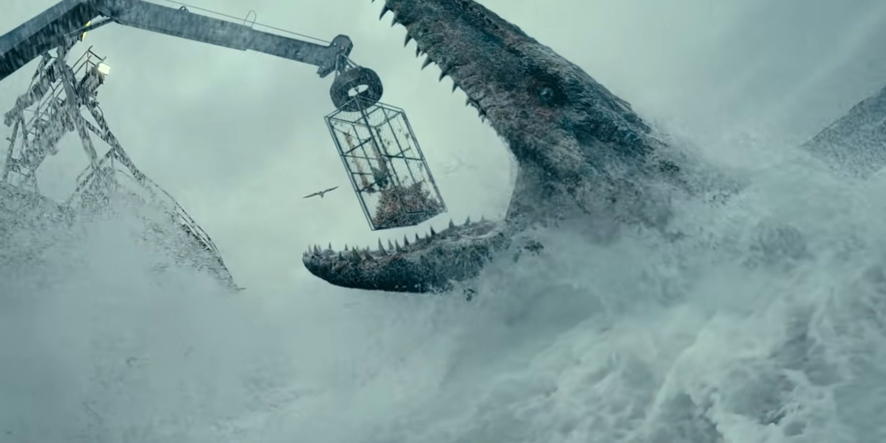 Mosasaurus attacking a fishing vessel in Jurassic World Dominion