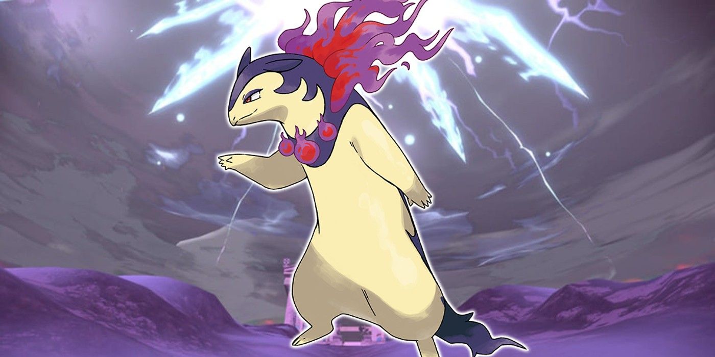 Hisuian Typhlosion against a Mt. Coronet background in Pokémon Legends: Arceus.