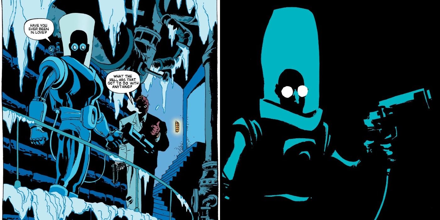 Split image of Mr. Freeze talking to Two-Face in the frozen sewers and in cover art for Dark Victory #10