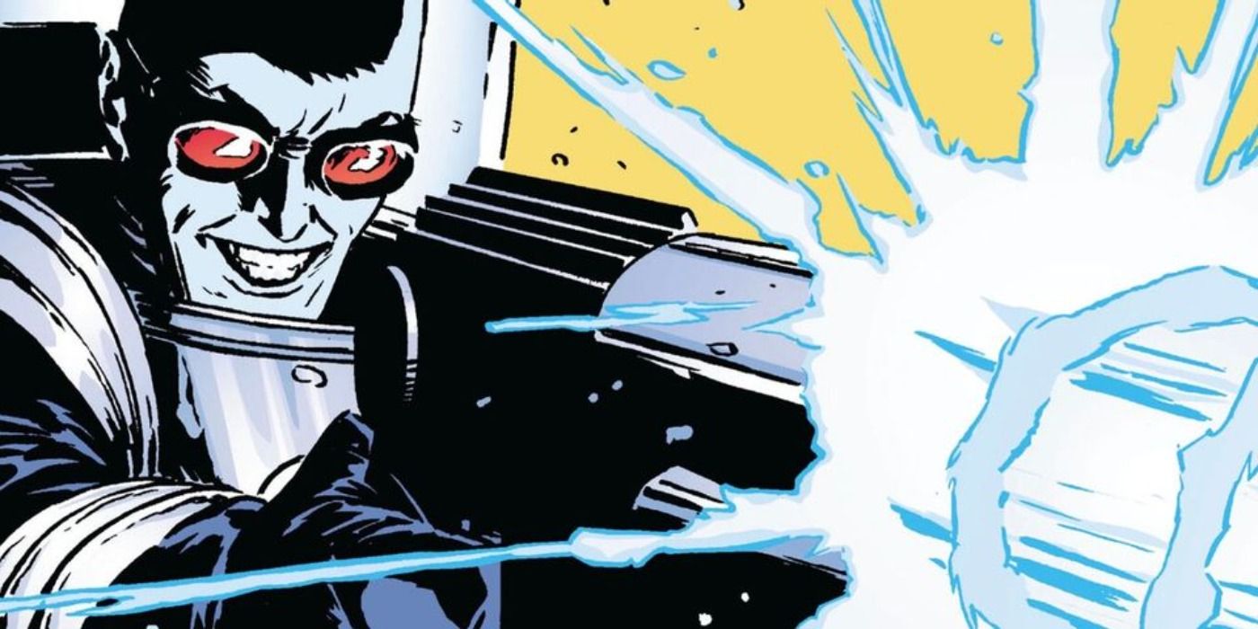 Mr. Freeze grinning sadistically while firing his ice gun in Gotham Central