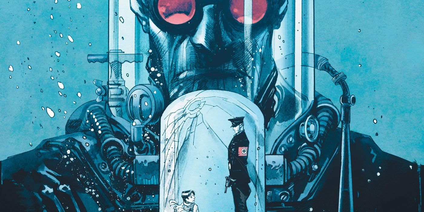 Mr. Freeze holding a snow globe with him as a child and a Nazi soldier standing over him