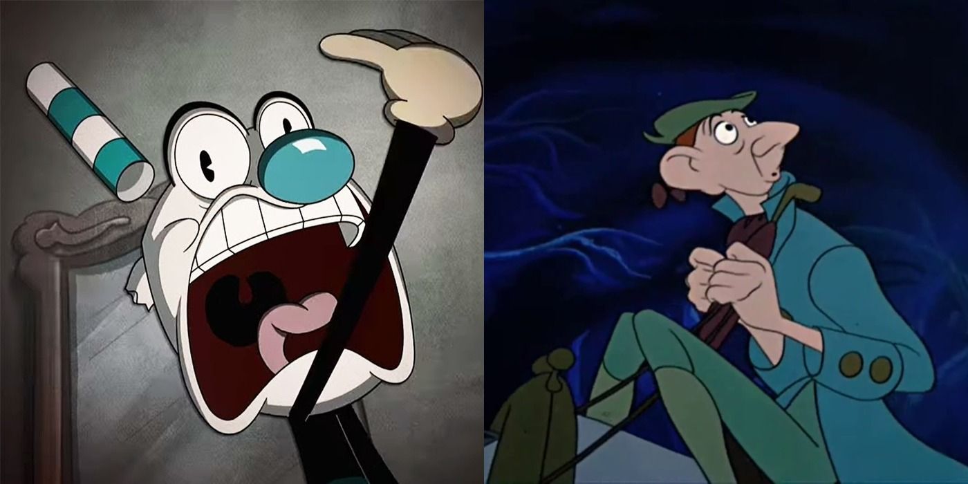 A scared Mugman acts like Ichabod in Cuphead Show