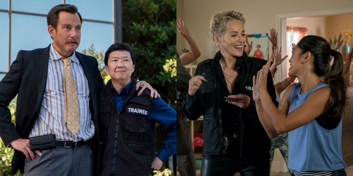 Split image of several cast members in Netflix's Murderville