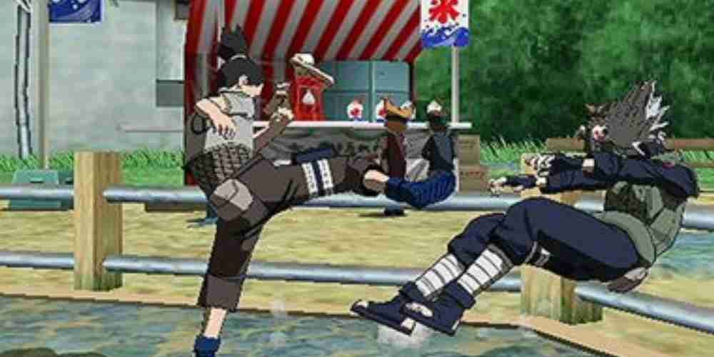 Shikamaru kicks Kakashi in Naruto Clash of Ninja 2.