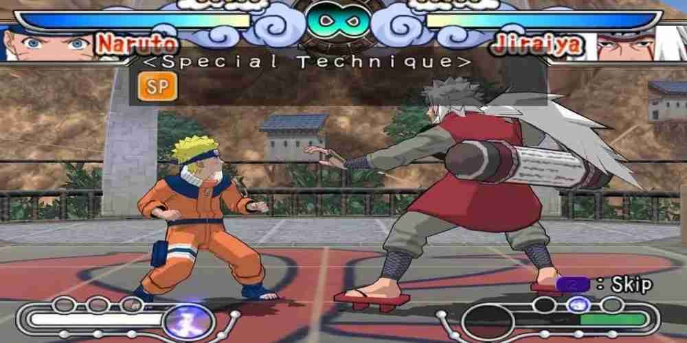 Naruto faces off against Jiyaiya in a level of Naruto Clash of Ninja Revolution.
