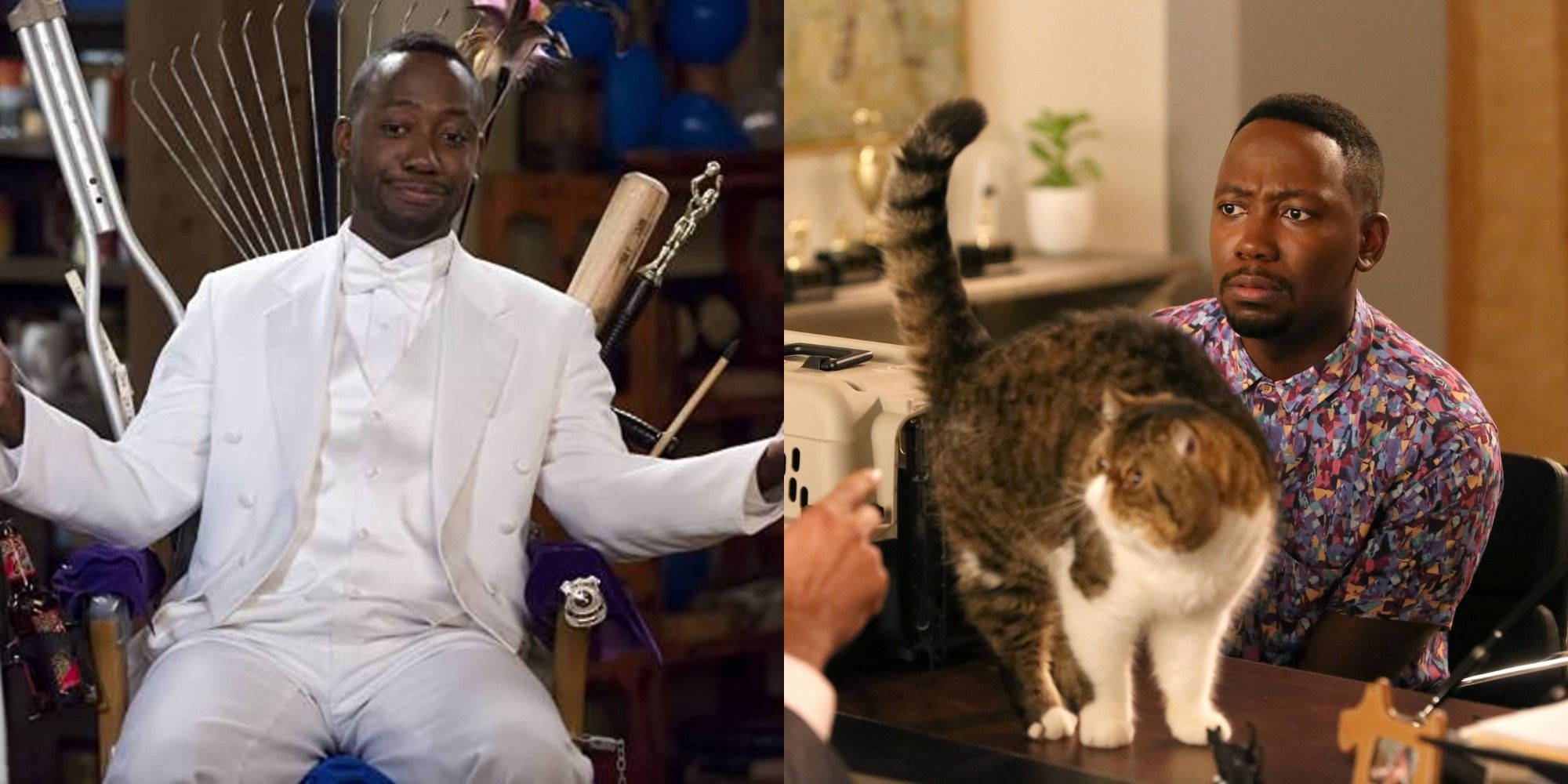 Split image showing Winston in a suit and with Ferguson in New Girl