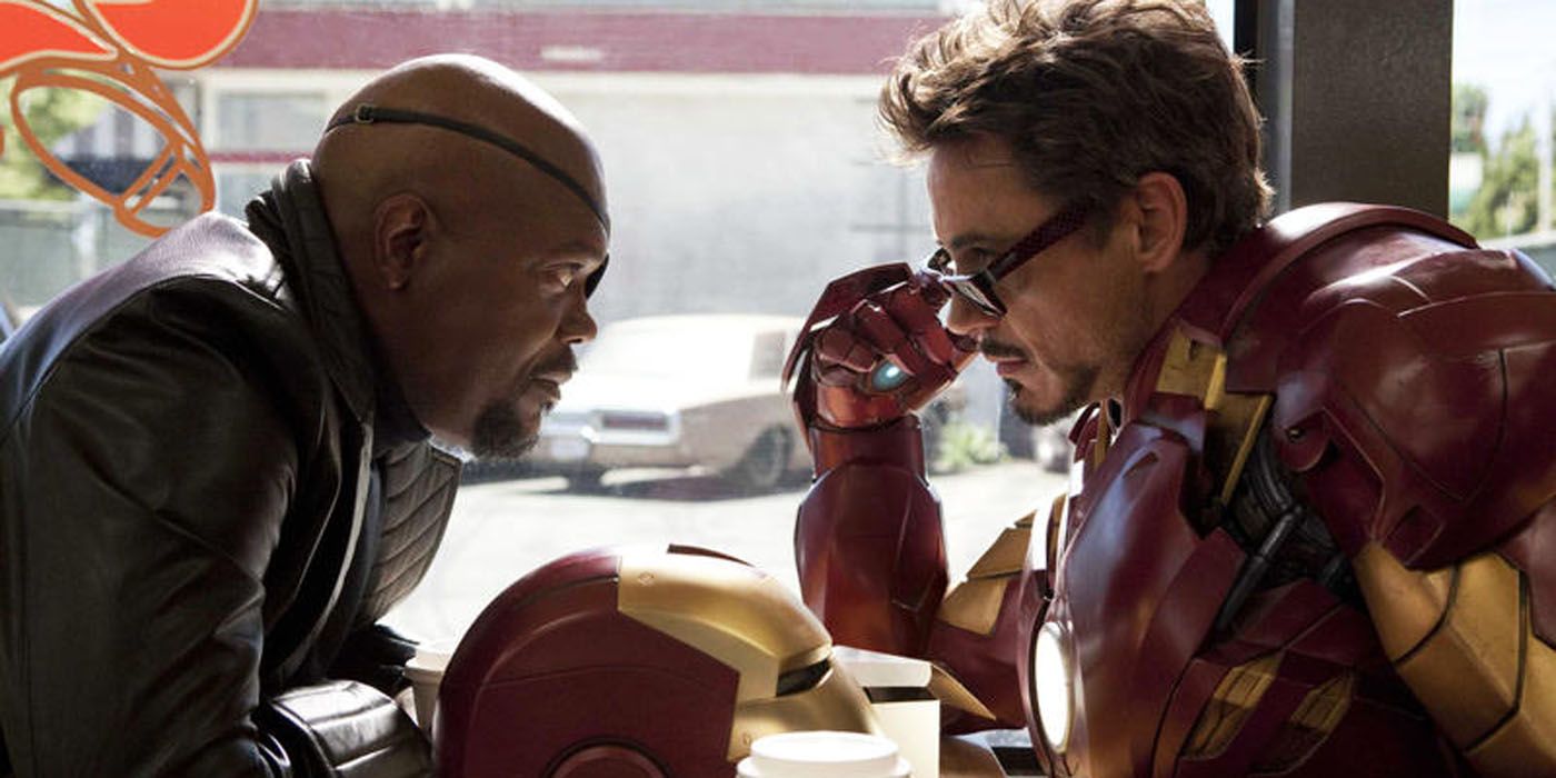 Nick Fury talking to Iron Man.