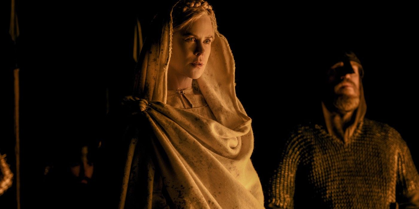 Queen Gudrun in a cloak at night in The Northman