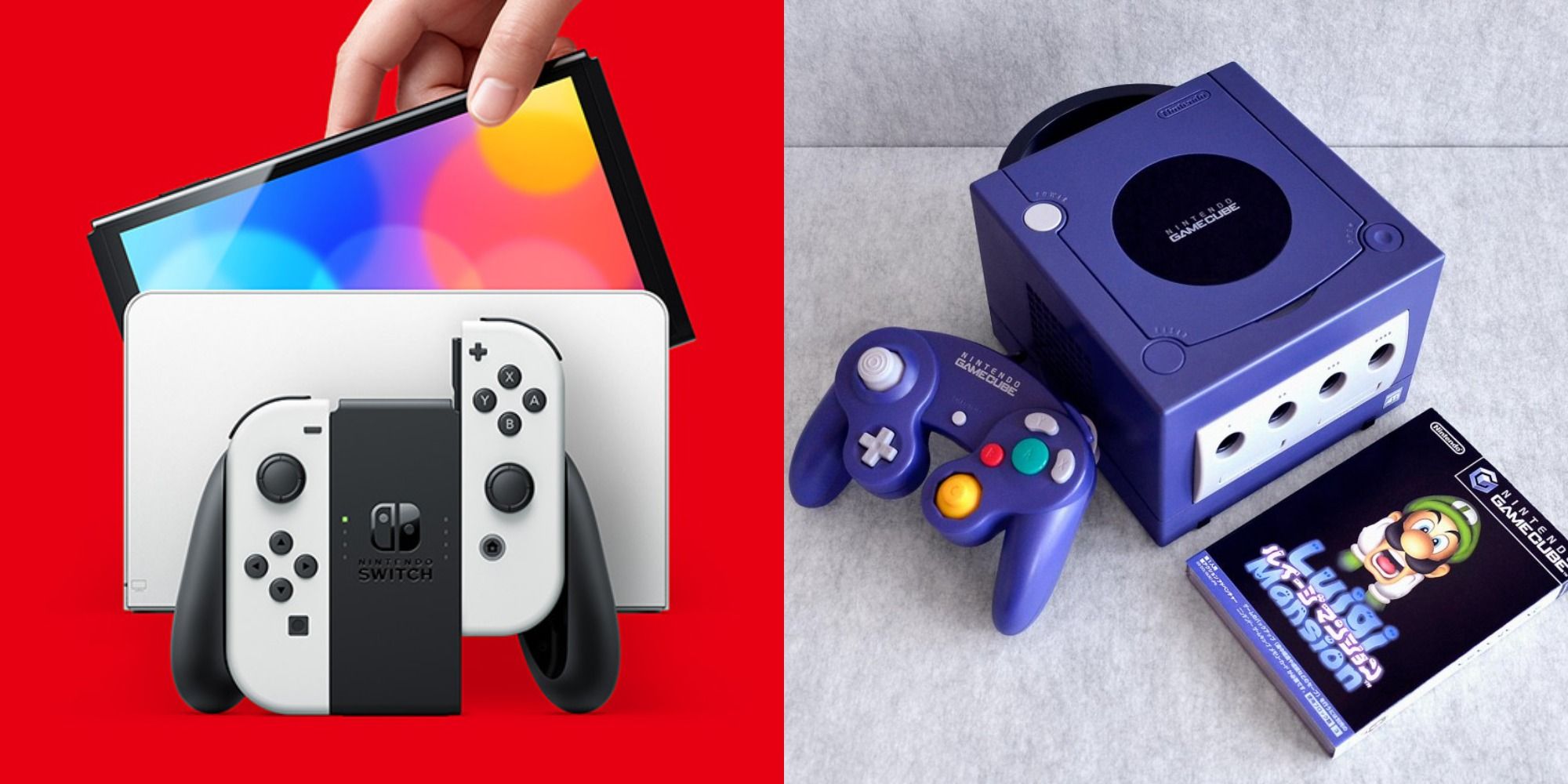 Split image showing the Nintendo Switch and the GameCube
