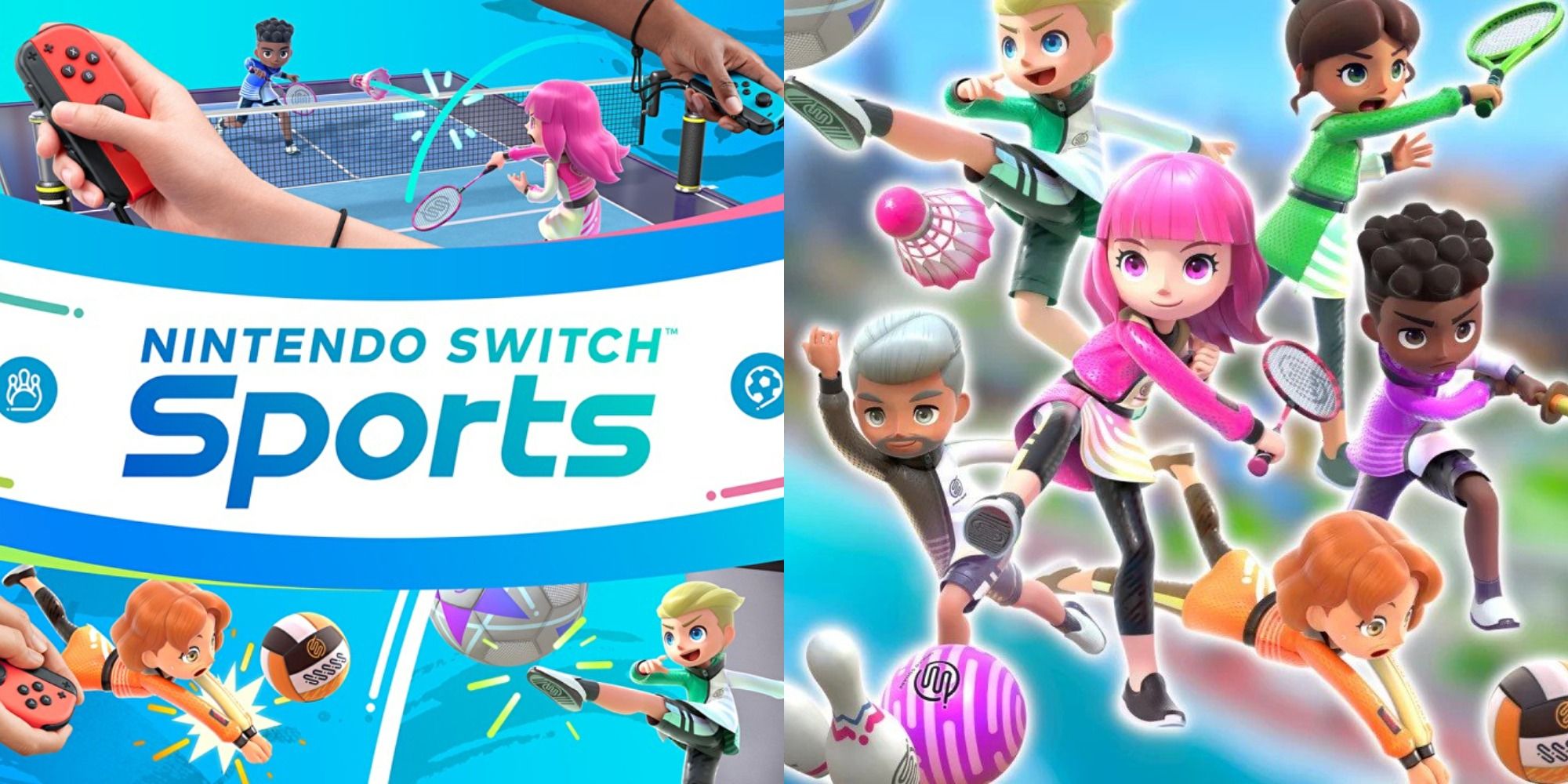 Split image showing the cover of Nintendo Switch Sports and characters from the game