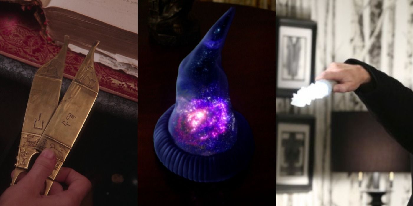 Split image of the Shears of Destiny, Sorcerer's Hat, and Olympian Crystal from Once Upon A Time