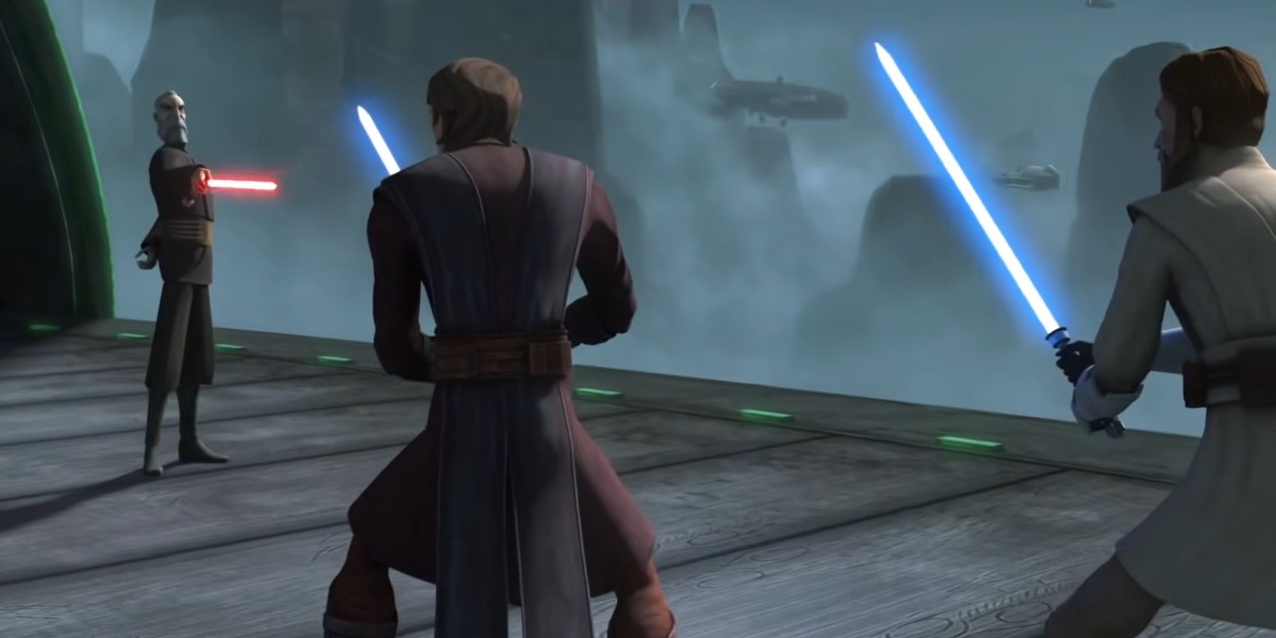 Obi-Wan Kenobi and Anakin Skywalker confronting Count Dooku in Star Wars The Clone Wars