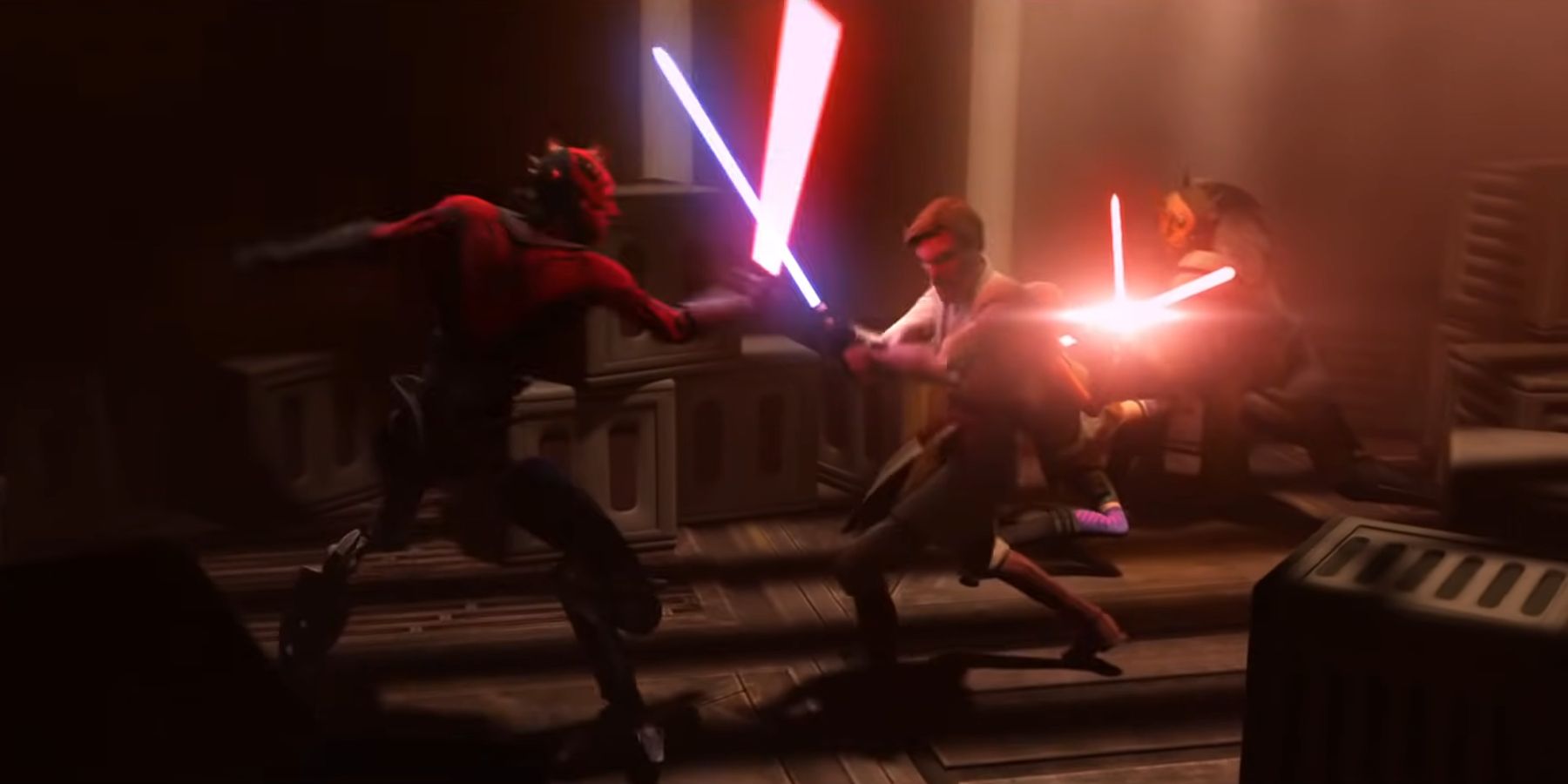 Obi-Wan Kenobi e Asajj Ventress lutando contra Darth Maul e Savage Oppress em Star Wars The Clone Wars