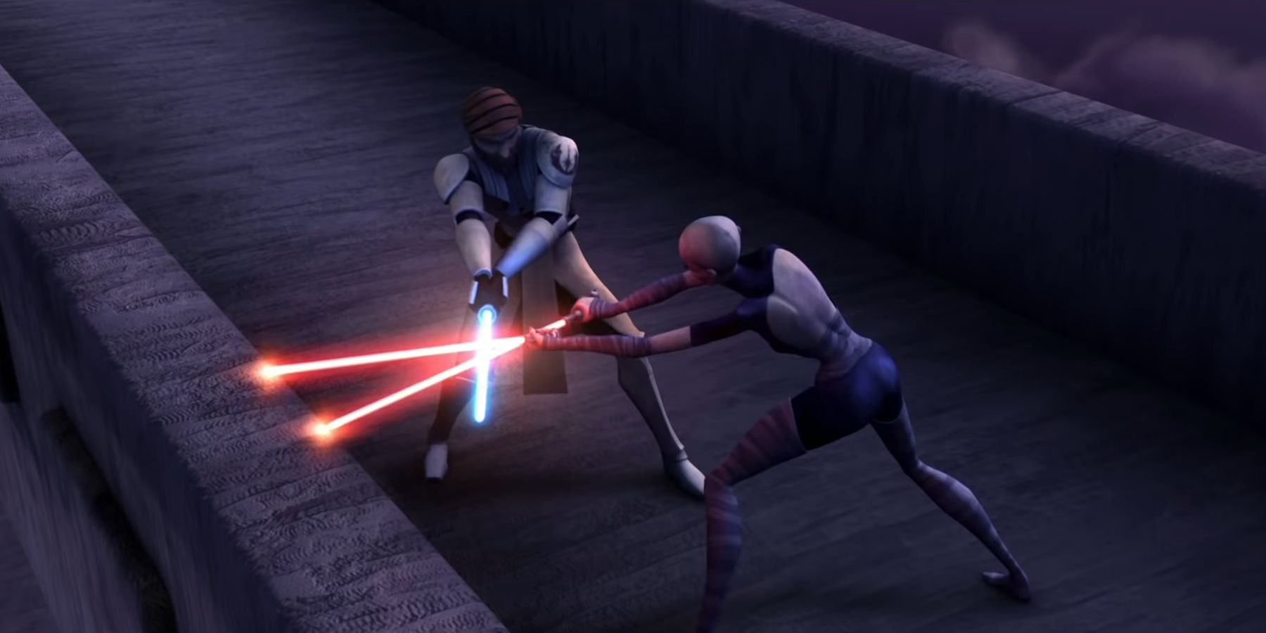 Obi-Wan Kenobi battling Asajj Ventress on a bridge in Star Wars The Clone Wars