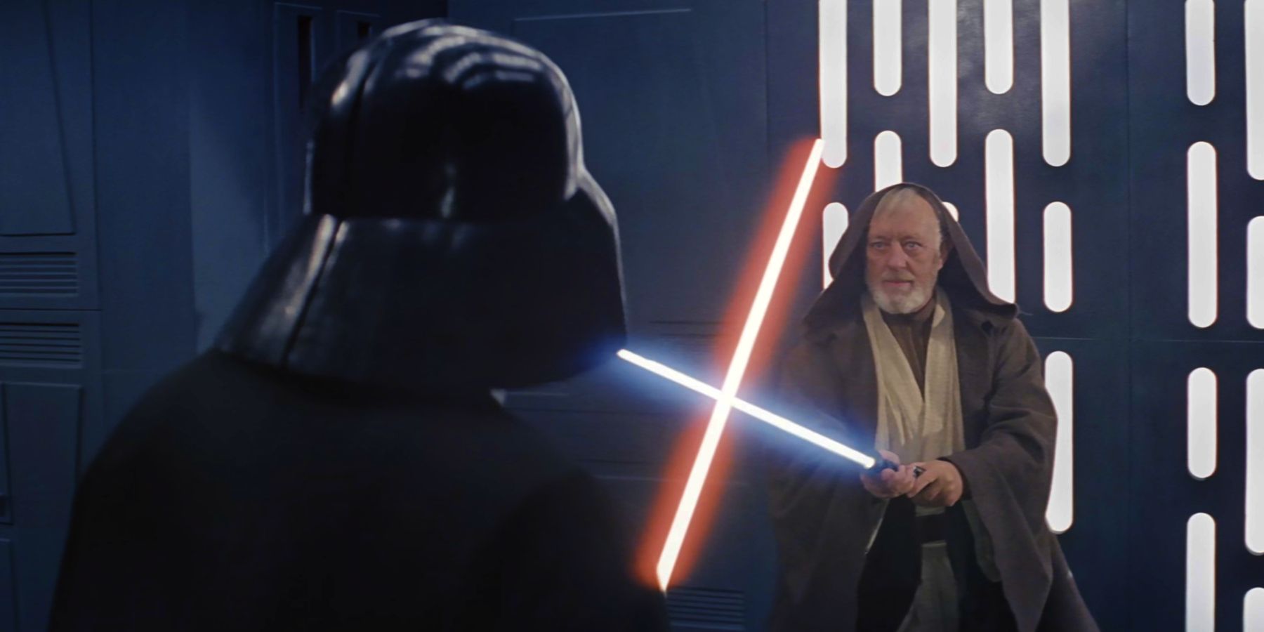 Obi Wan Kenobi battling Darh Vader aboard the Death Star in Star Wars A New Hope