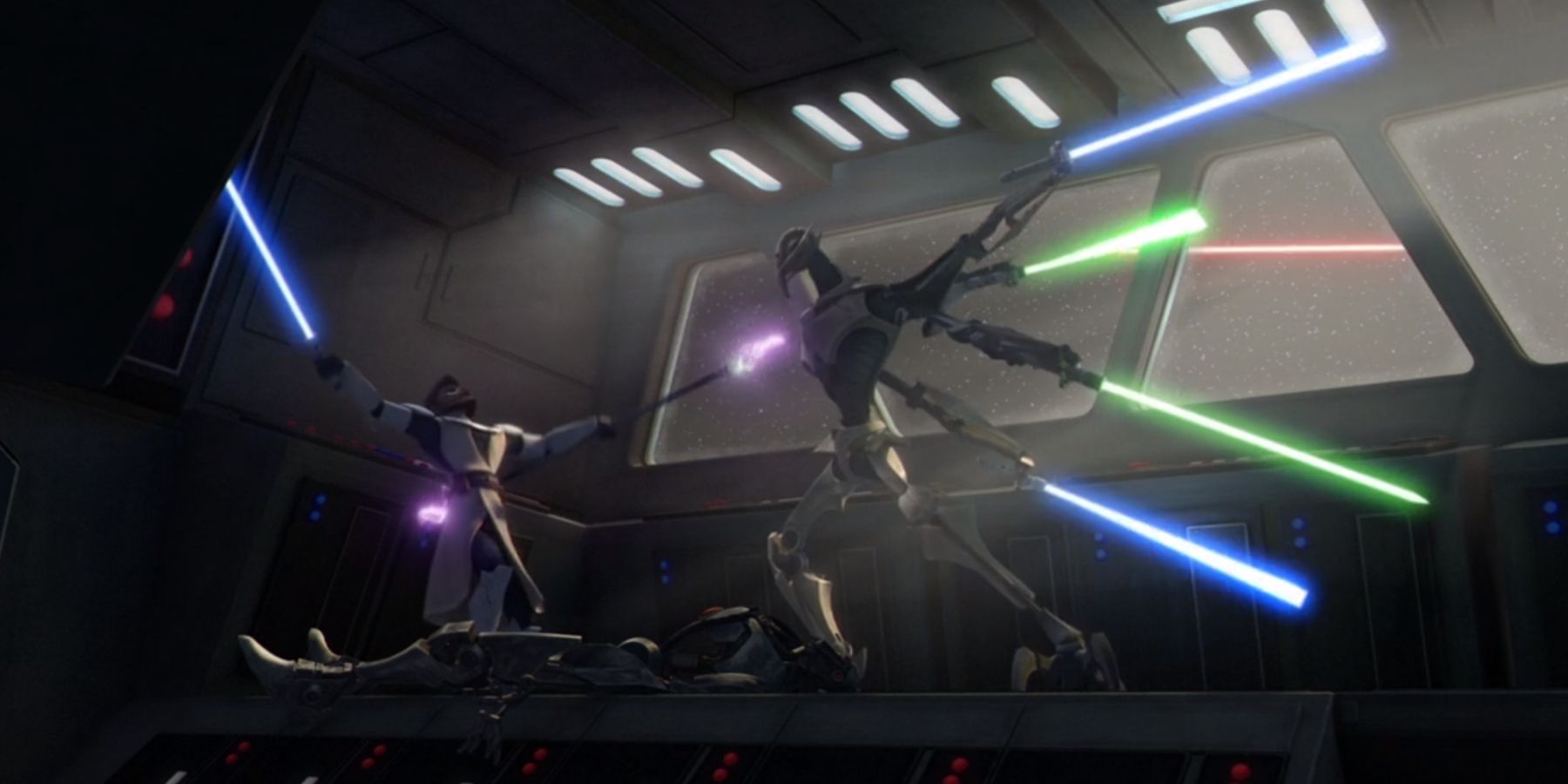 Obi-Wan Kenobi battling General Grievous on a ship in Star Wars The Clone Wars