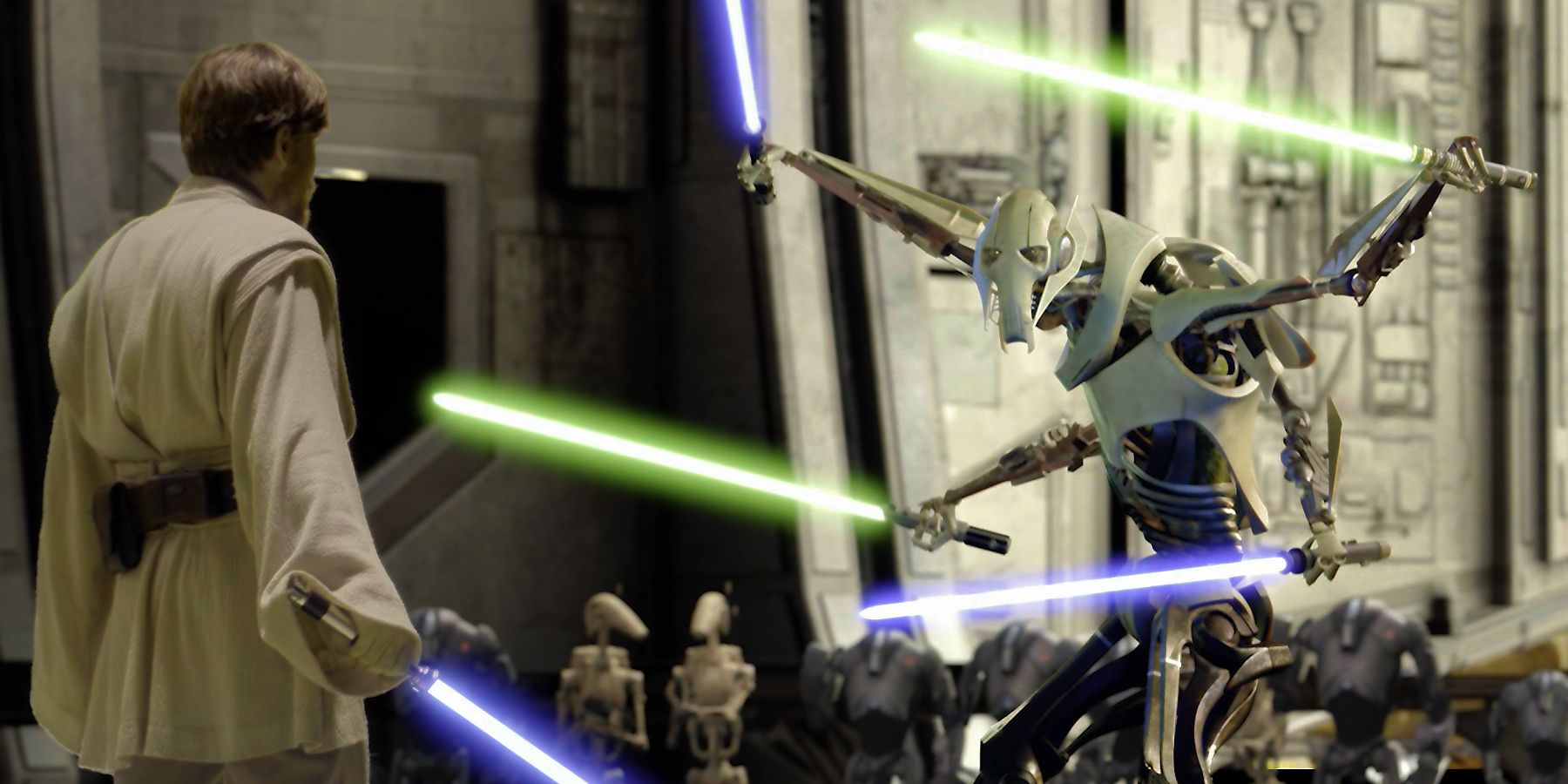 Obi Wan Kenobi beginning a battle with General Grievous in Star Wars Revenge Of The Sith