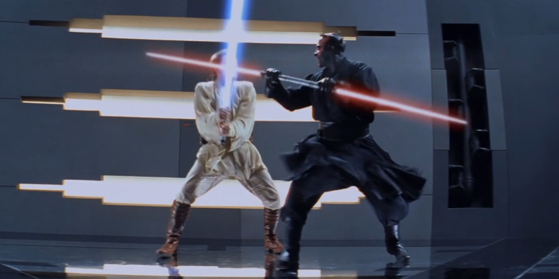 Obi-Wan Kenobi dueling Darth Maul in Star Wars: The Phantom Menace.