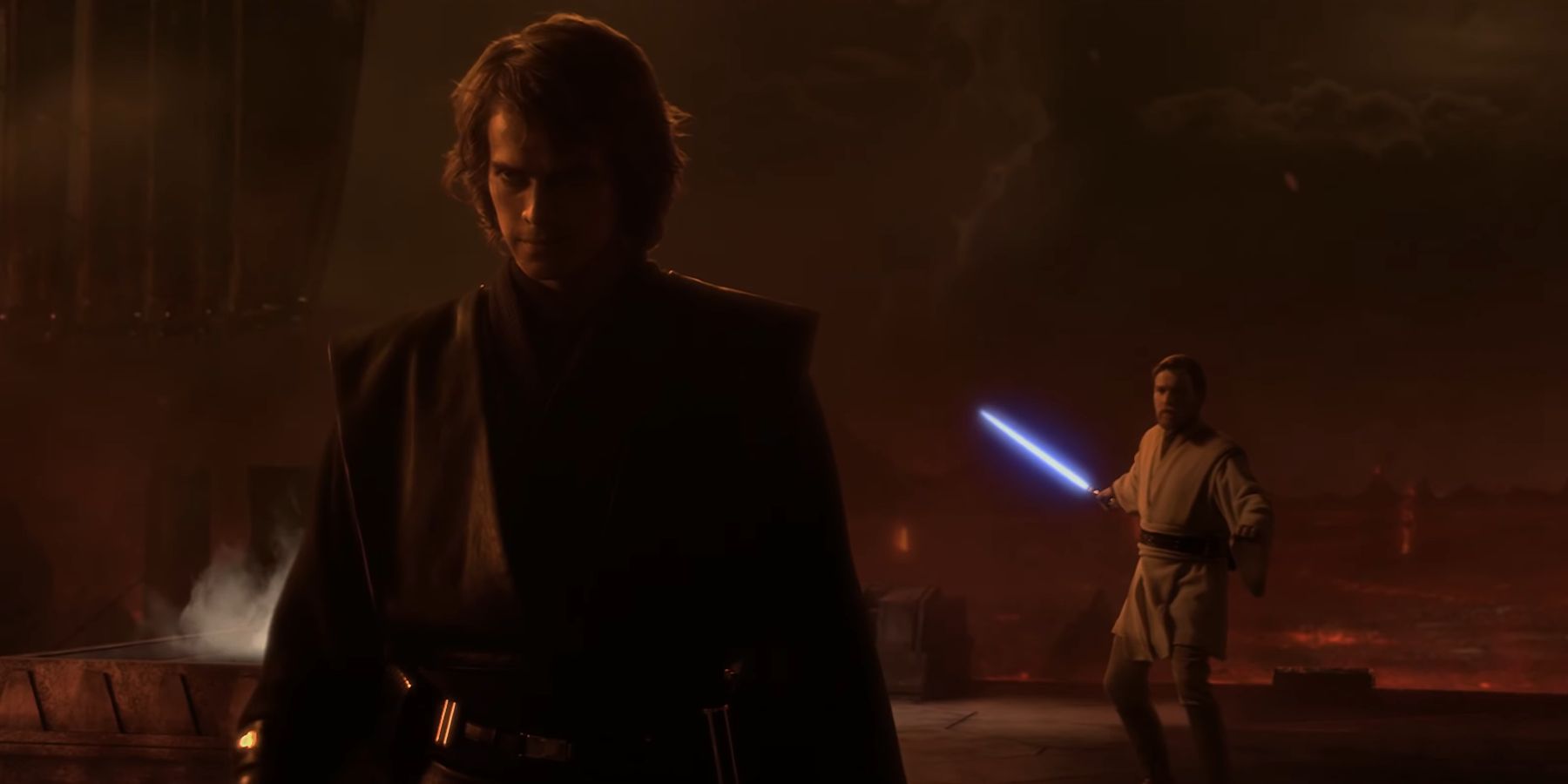 Obi-Wan Kenobi igniting his lightsaber before Anakin Skywalker in Star Wars Revenge Of The Sith