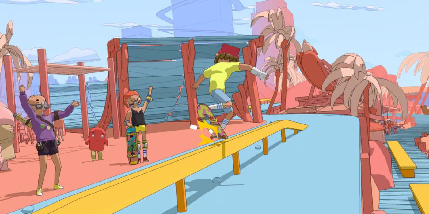 A character in OlliOlli World using a skateboard to grind on a rail while others watch on and cheer.