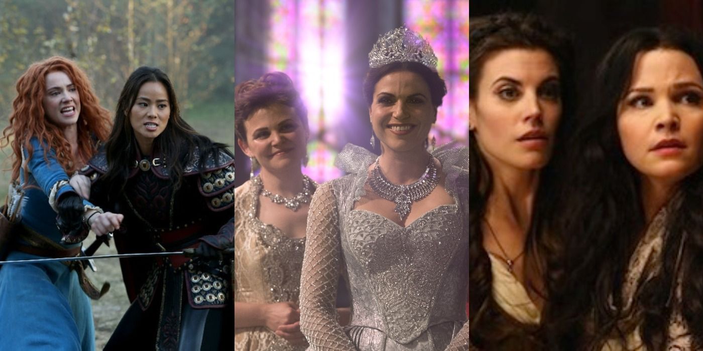 Collage of Merida and Mulan, Snow and Regina smiling at a coronation, and Ruby and Snow looking worried in Once Upon A Time