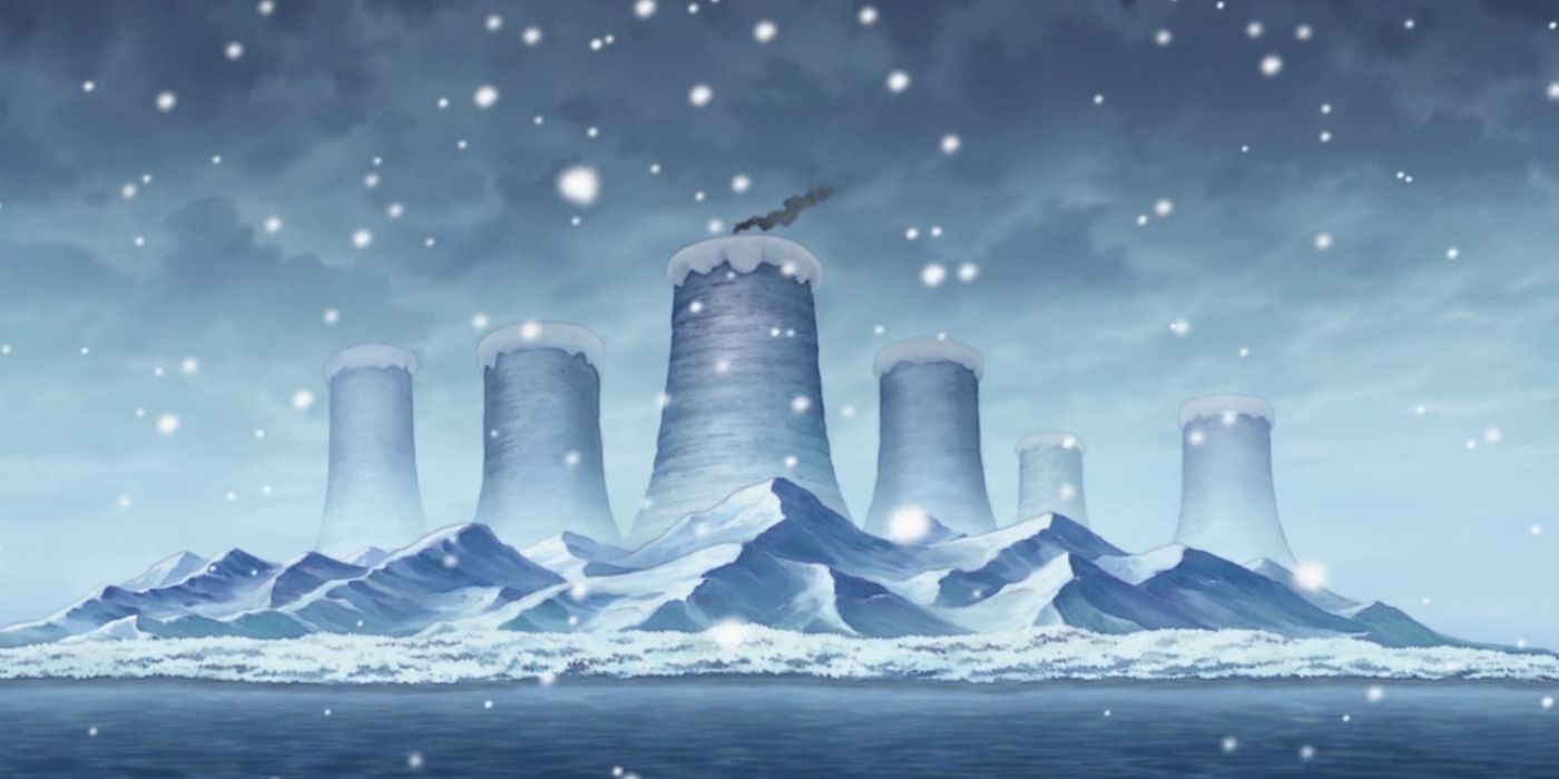 Drum Island Mountains with a wisp of smoke coming out in One Piece Anime