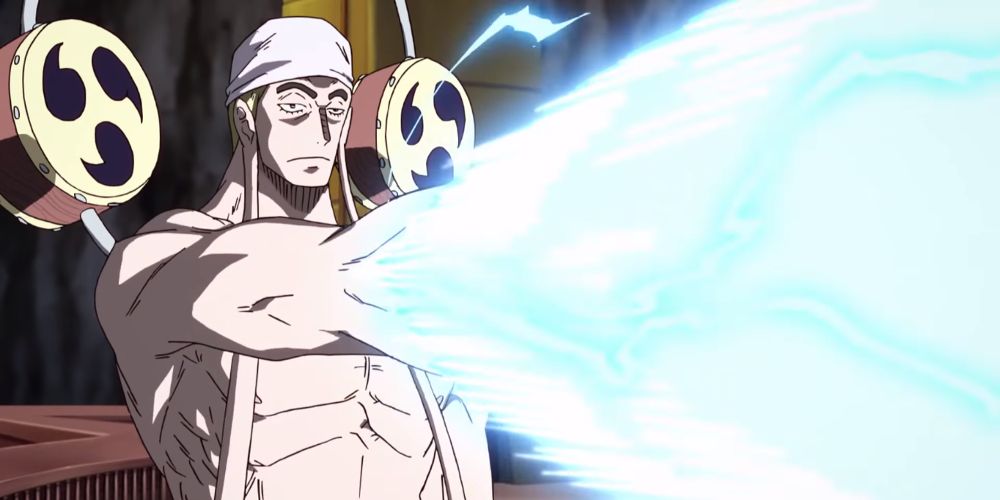 Enel shooting lightning out of his hand in One Piece.