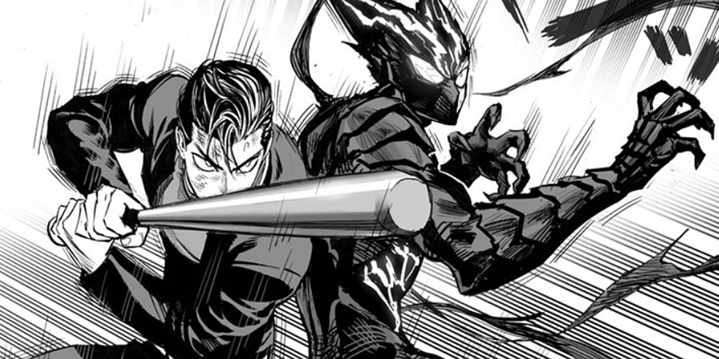 One-Punch Man: Garou is back-to-back with the hero Metal Bat, fighting together.